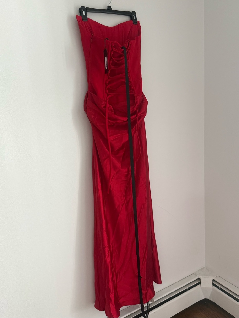 Strapless Red Maxi Gown with Draped Waist - Picture 3 of 4